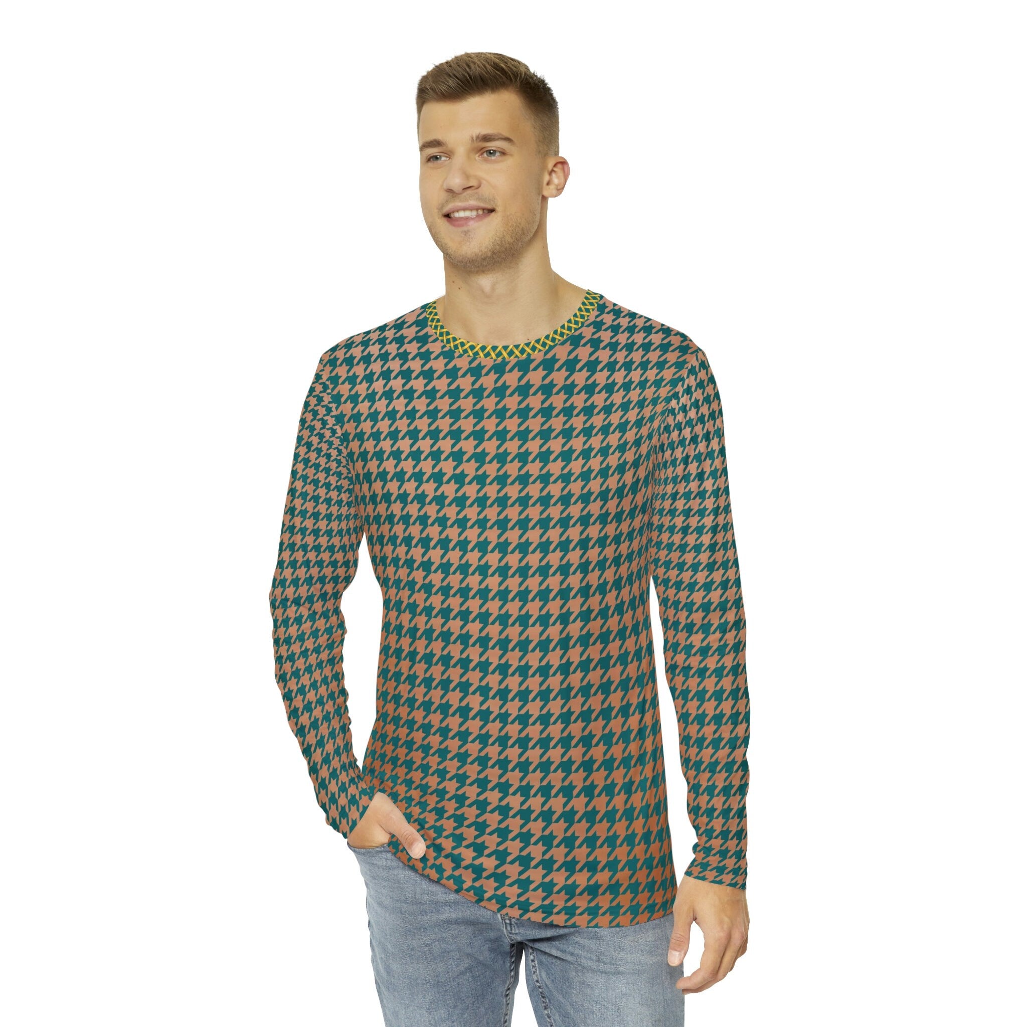 Fabled Fashion Men's Long Sleeve Verdigris and Copper Houndstooth pattern AOP Shirt