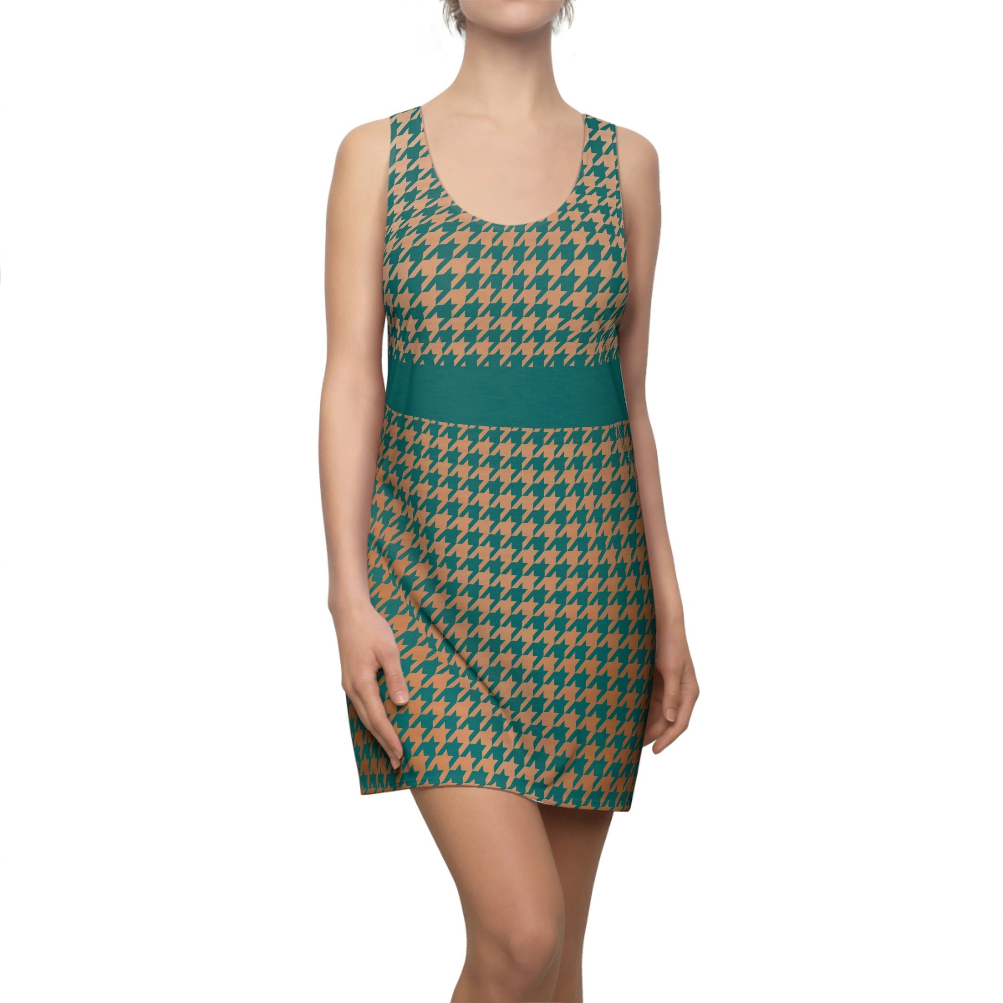 Fabled Fashion Verdigris and Copper Houndstooth Women's Cut & Sew Racerback Dress (AOP)