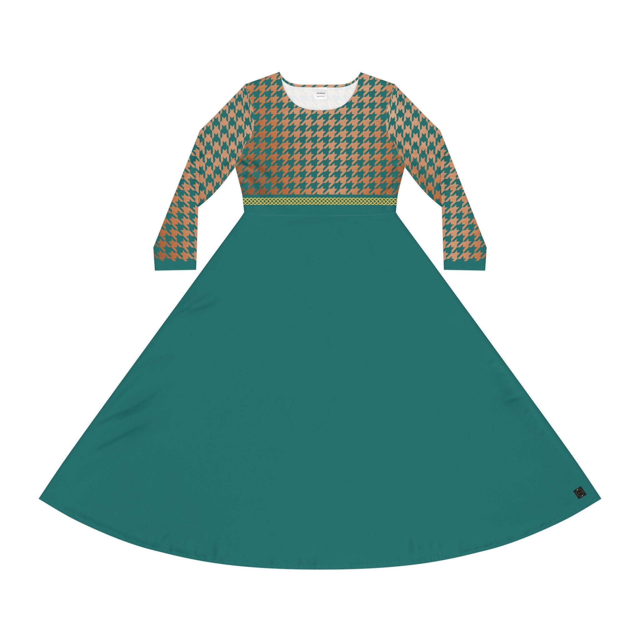 Fabled Fashion Verdigris/Copper houndstooth and Celtic knot Women's Long Sleeve Dance Dress (AOP)