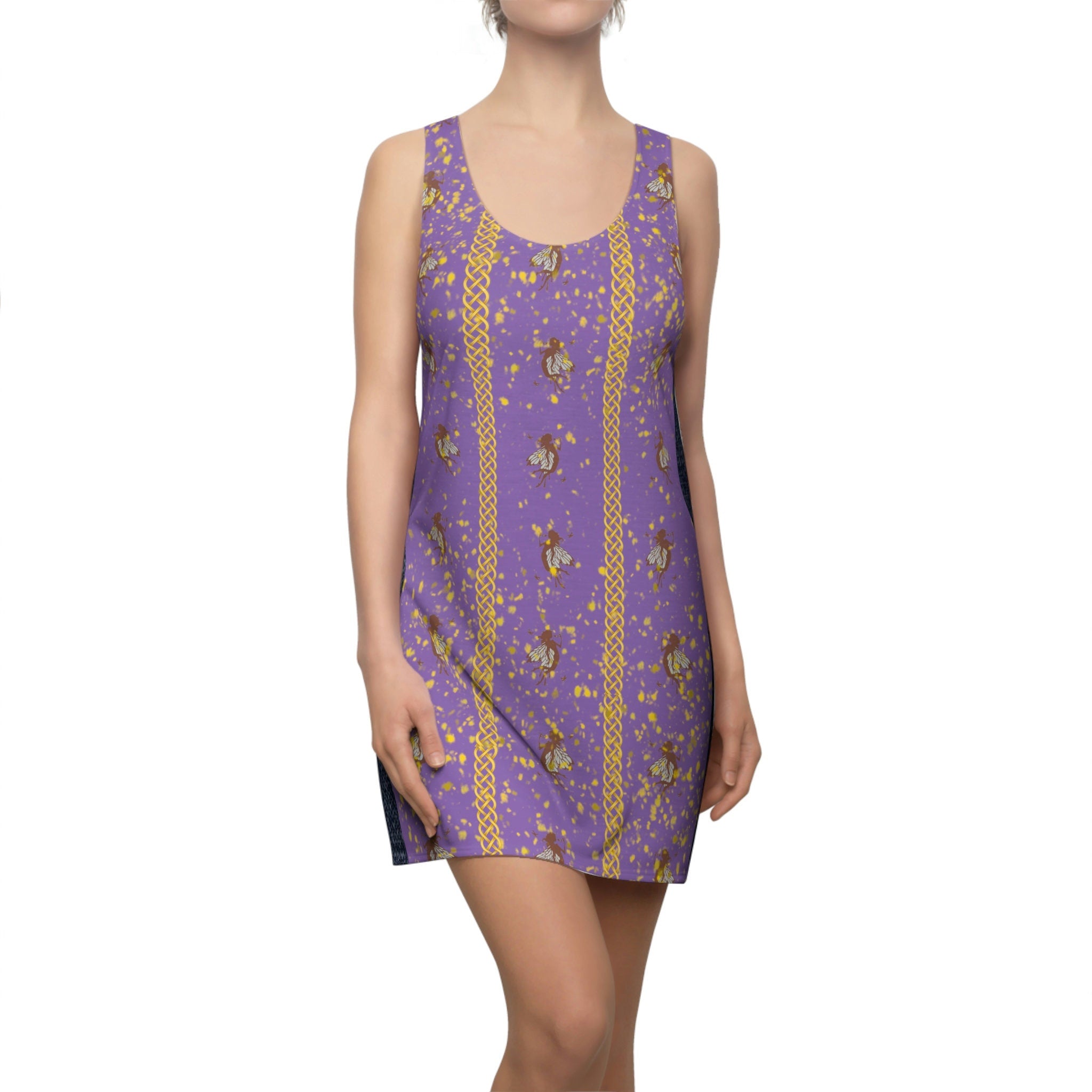 Fabled Fashion fairy pattern denim accent Women's Cut & Sew Racerback Dress (AOP)