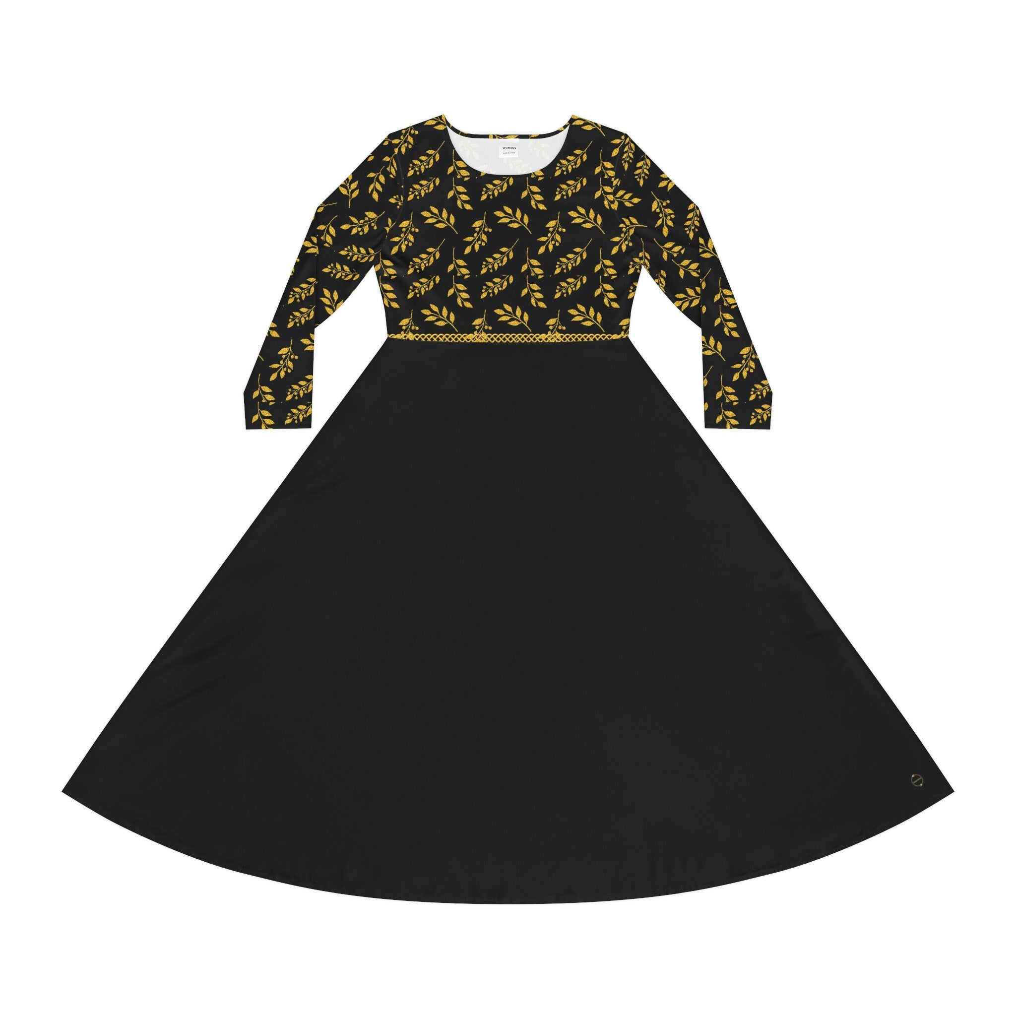 Fabled Fashion Black and Gold leaves Celtic knot Women's Long Sleeve Dance Dress (AOP)