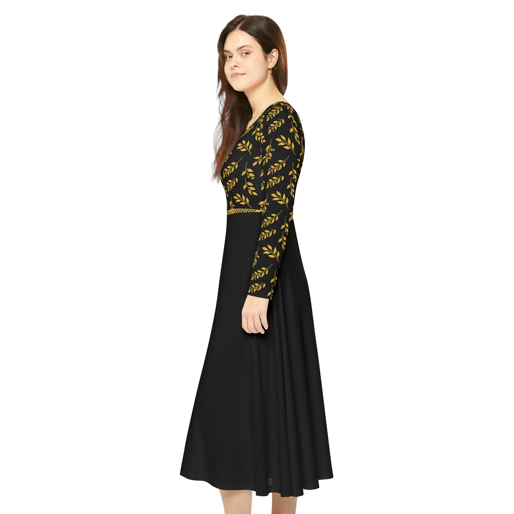 Fabled Fashion Black and Gold leaves Celtic knot Women's Long Sleeve Dance Dress (AOP)