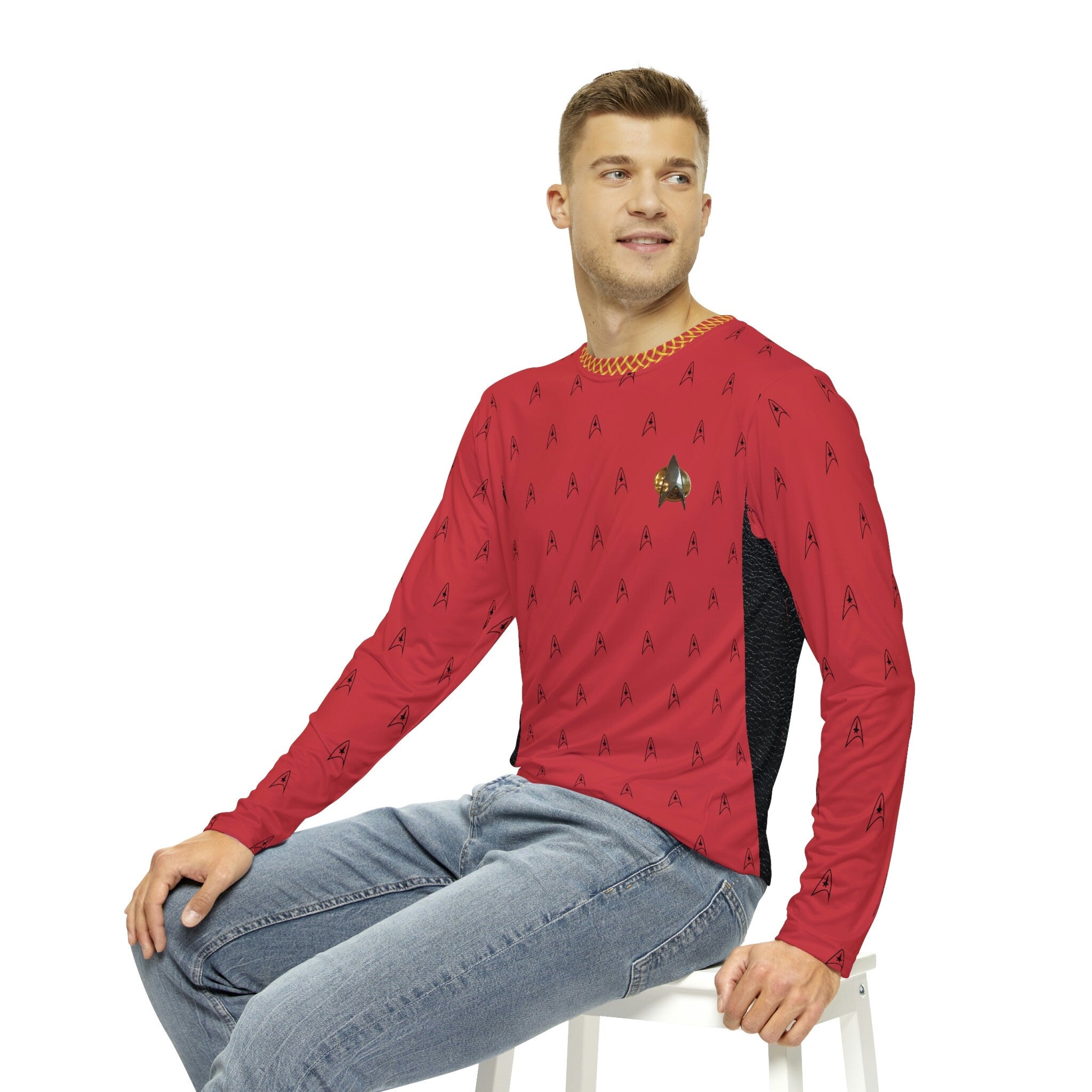 Fabled Fashion Men's Long Sleeve Red Trekkie leather accent AOP Shirt • Custom T shirt for men • Graphic tees men shirt • valentines gift