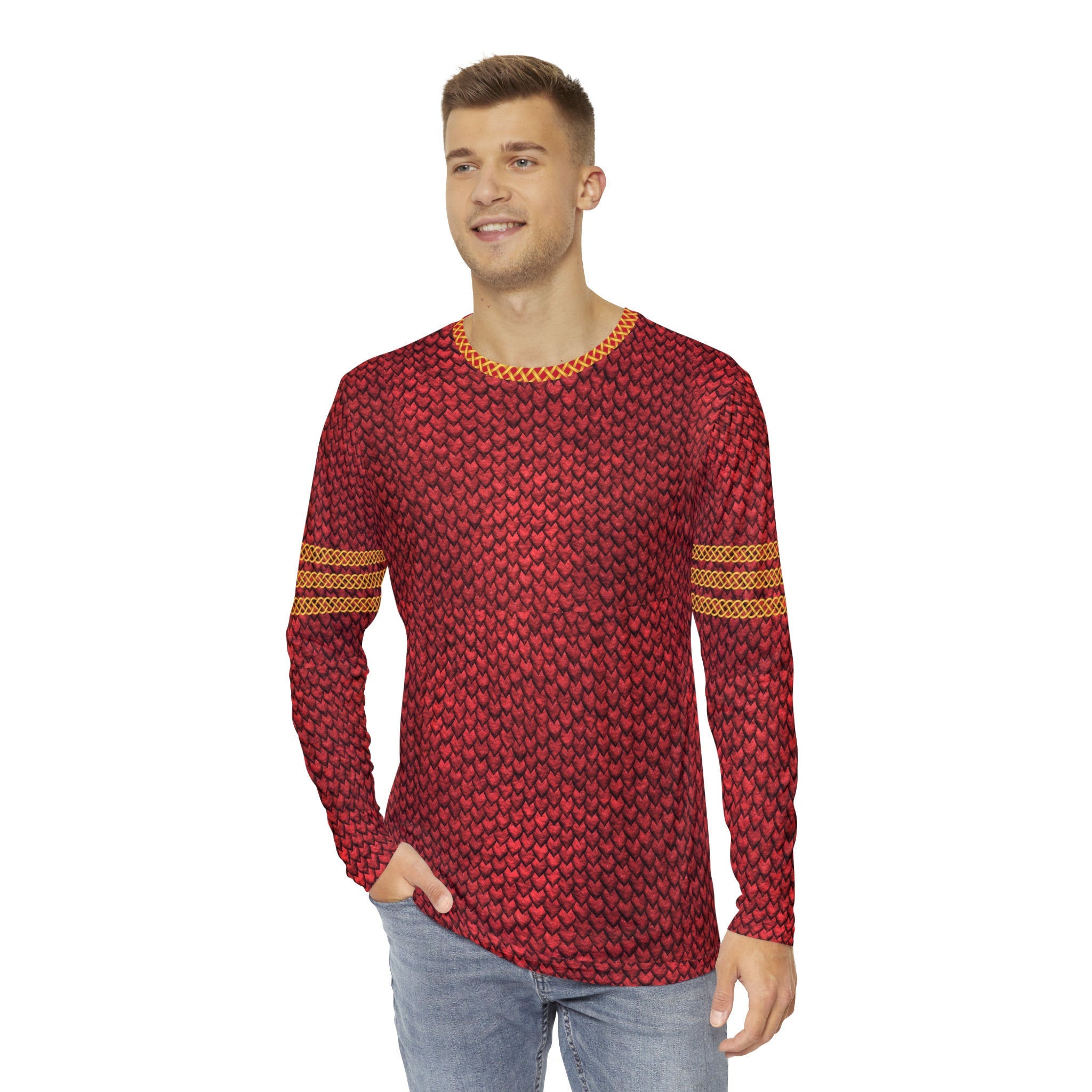 Fabled Fashion Men's Long Sleeve Red Dragon skin with celtic chain effect AOP Shirt