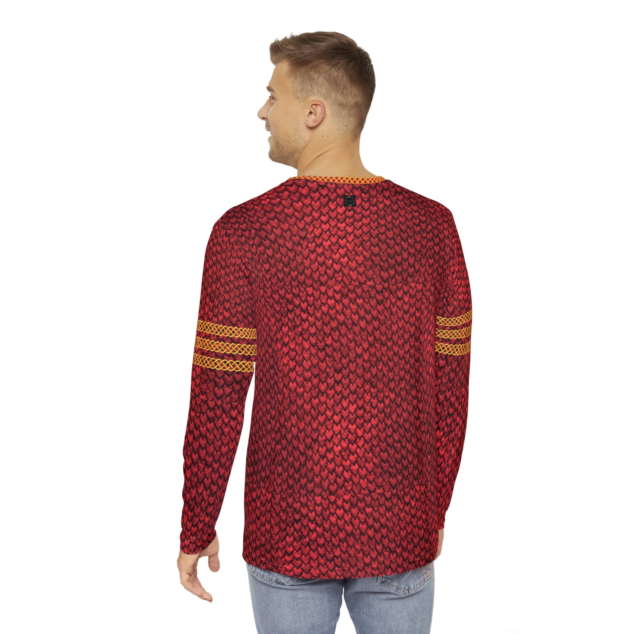 Fabled Fashion Men's Long Sleeve Red Dragon skin with celtic chain effect AOP Shirt