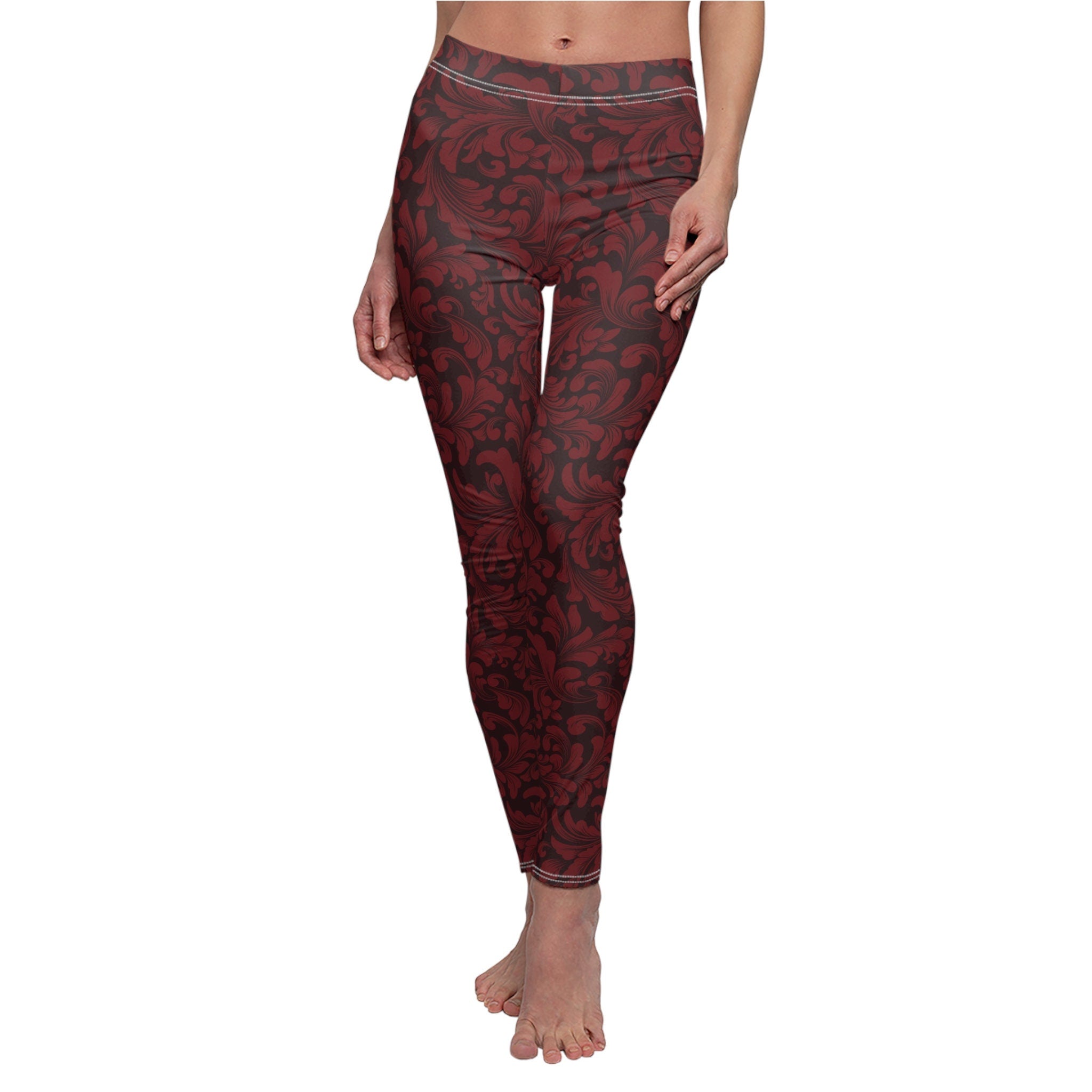 Fabled Fashion Red /Black damask pattern Women's Cut & Sew Casual Leggings (AOP)