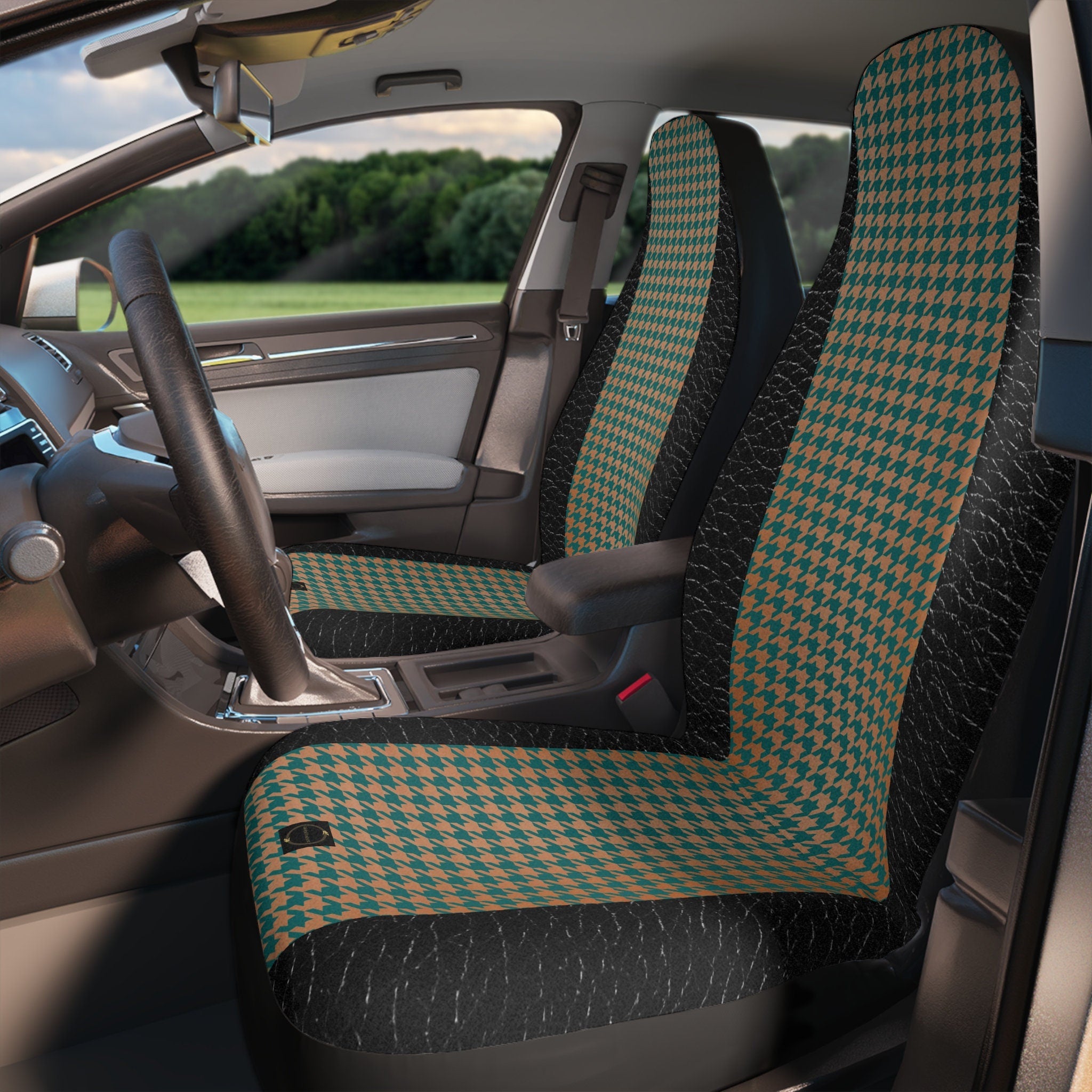 Fabled Fashion copper and verdigris houndstooth pattern with leather accent effect AOP print Car Seat Covers