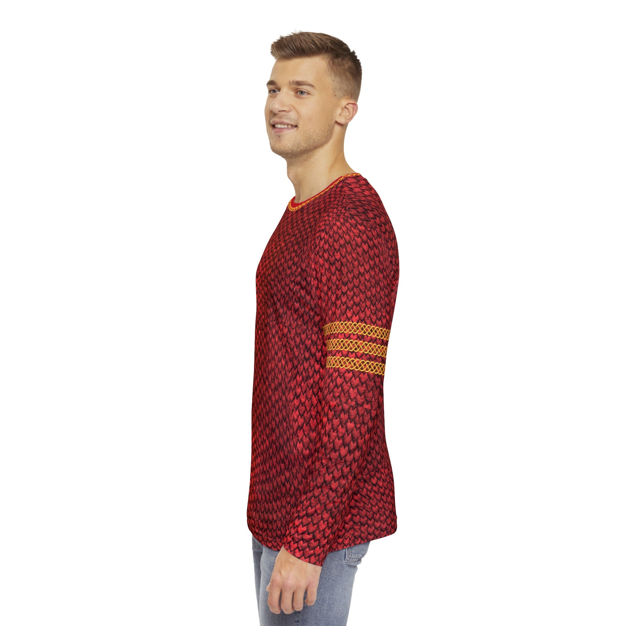 Fabled Fashion Men's Long Sleeve Red Dragon skin with celtic chain effect AOP Shirt