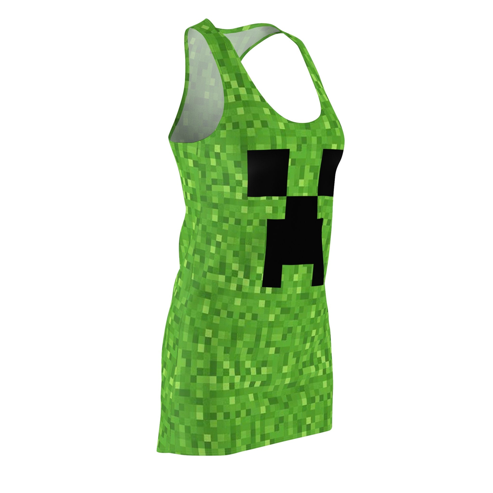 Fabled Fashion Minecraft inspired Creeper green pixel pattern Women's Cut & Sew Racerback Dress (AOP)