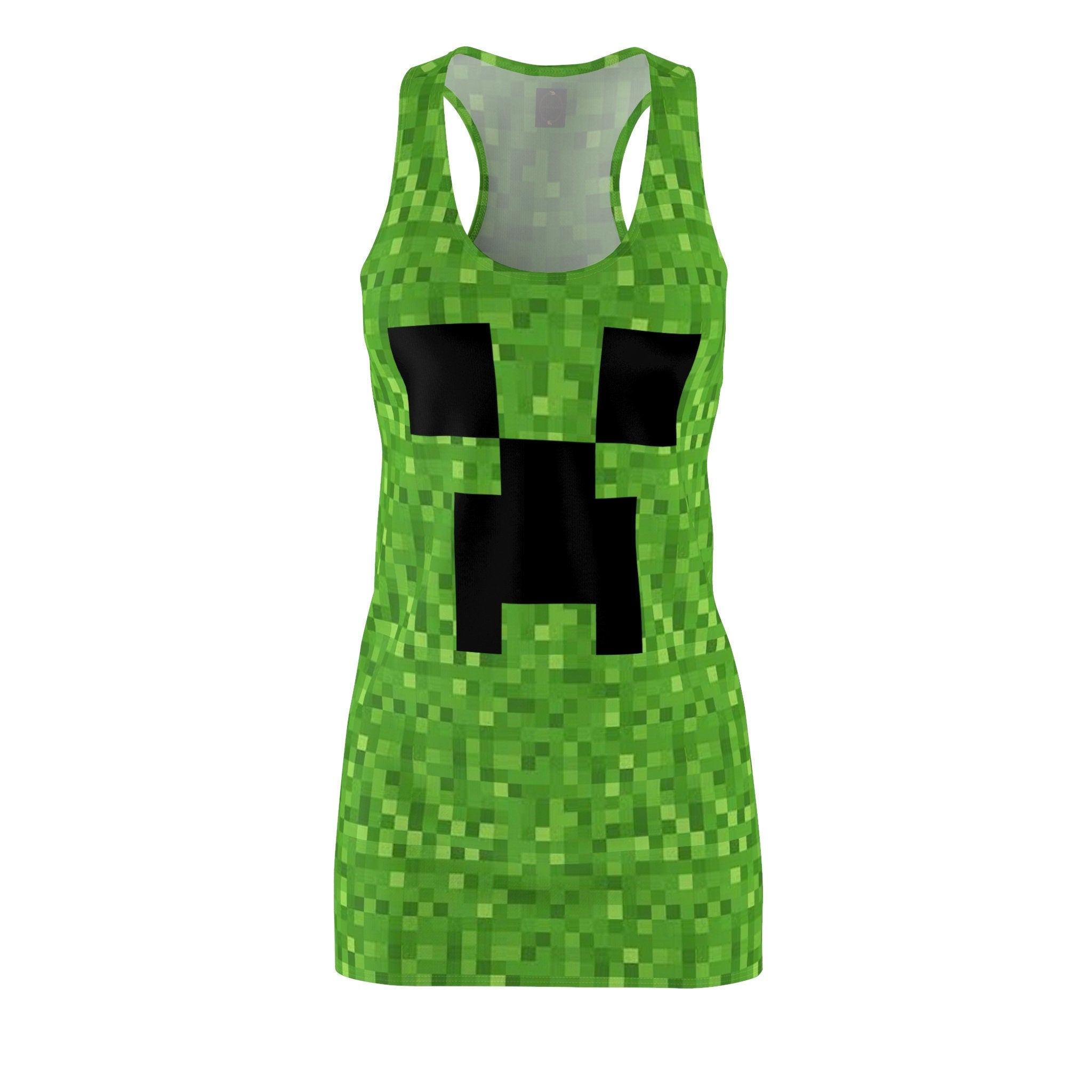 Fabled Fashion Minecraft inspired Creeper green pixel pattern Women's Cut & Sew Racerback Dress (AOP)