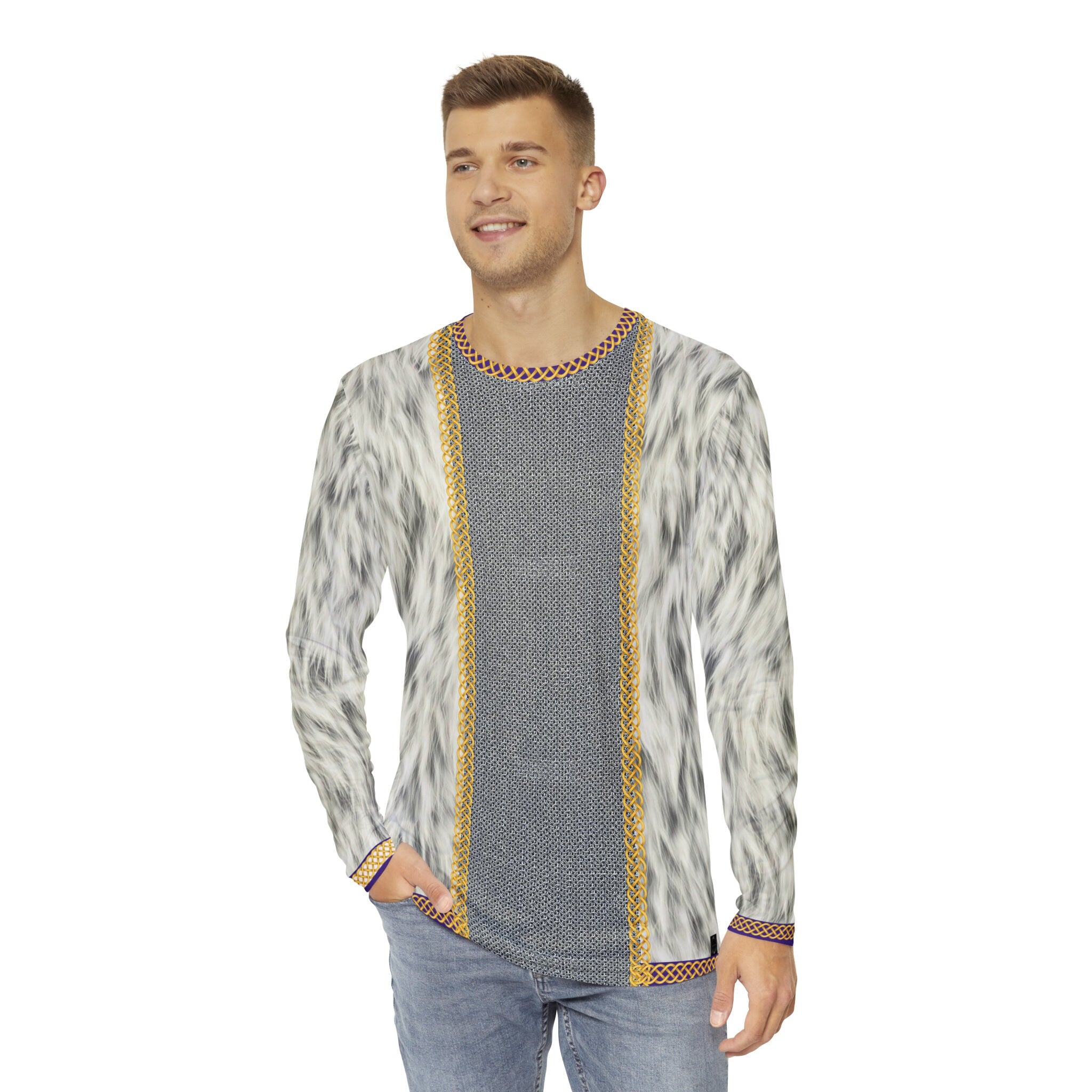 Fabled Fashion Men's Long Sleeve Chainmail and white fur jacket with celtic knot effect AOP Shirt