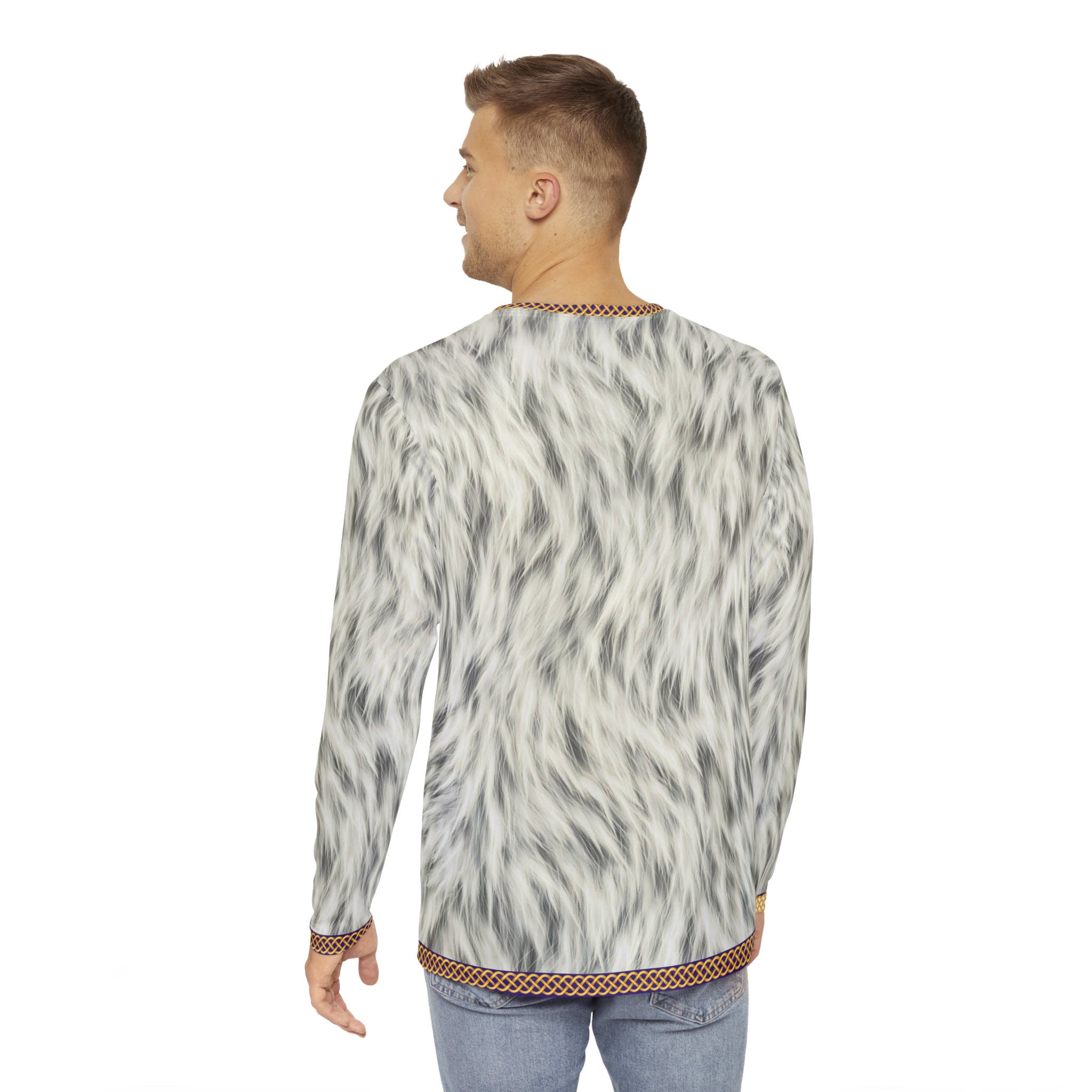 Fabled Fashion Men's Long Sleeve Chainmail and white fur jacket with celtic knot effect AOP Shirt