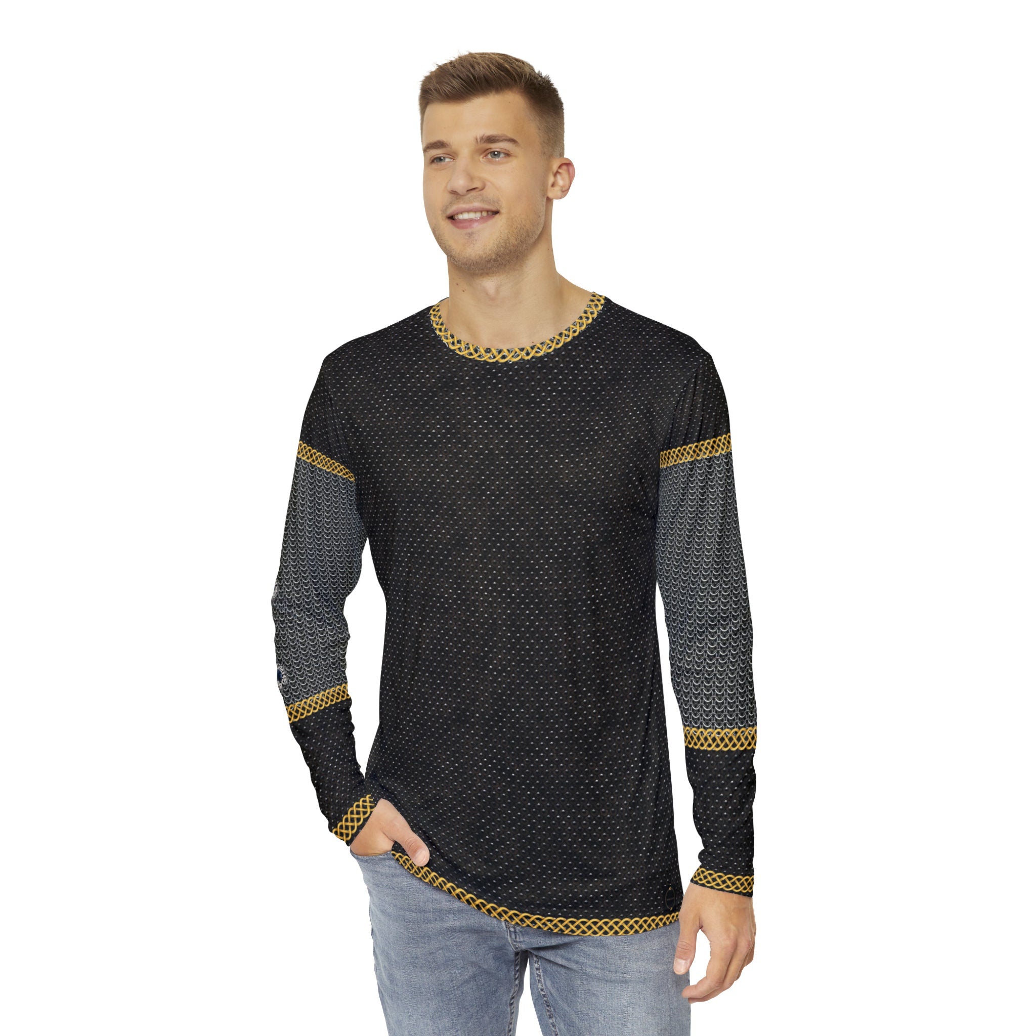 Fabled Fashion Men's Long Sleeve Studded Leather and Chainmail effect AOP Shirt