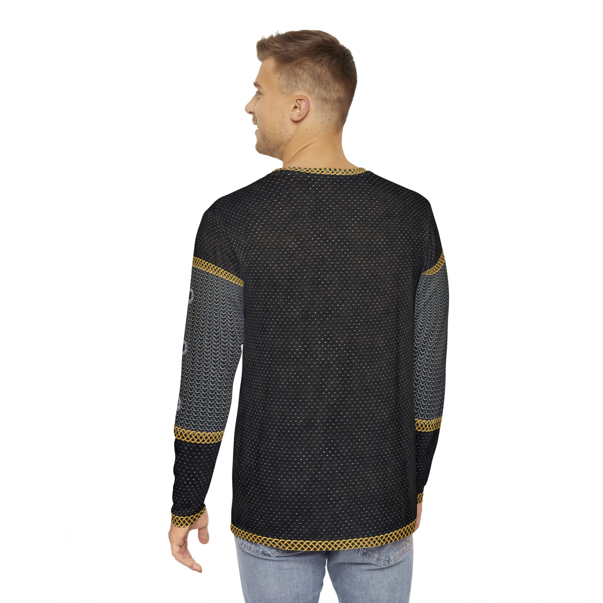 Fabled Fashion Men's Long Sleeve Studded Leather and Chainmail effect AOP Shirt