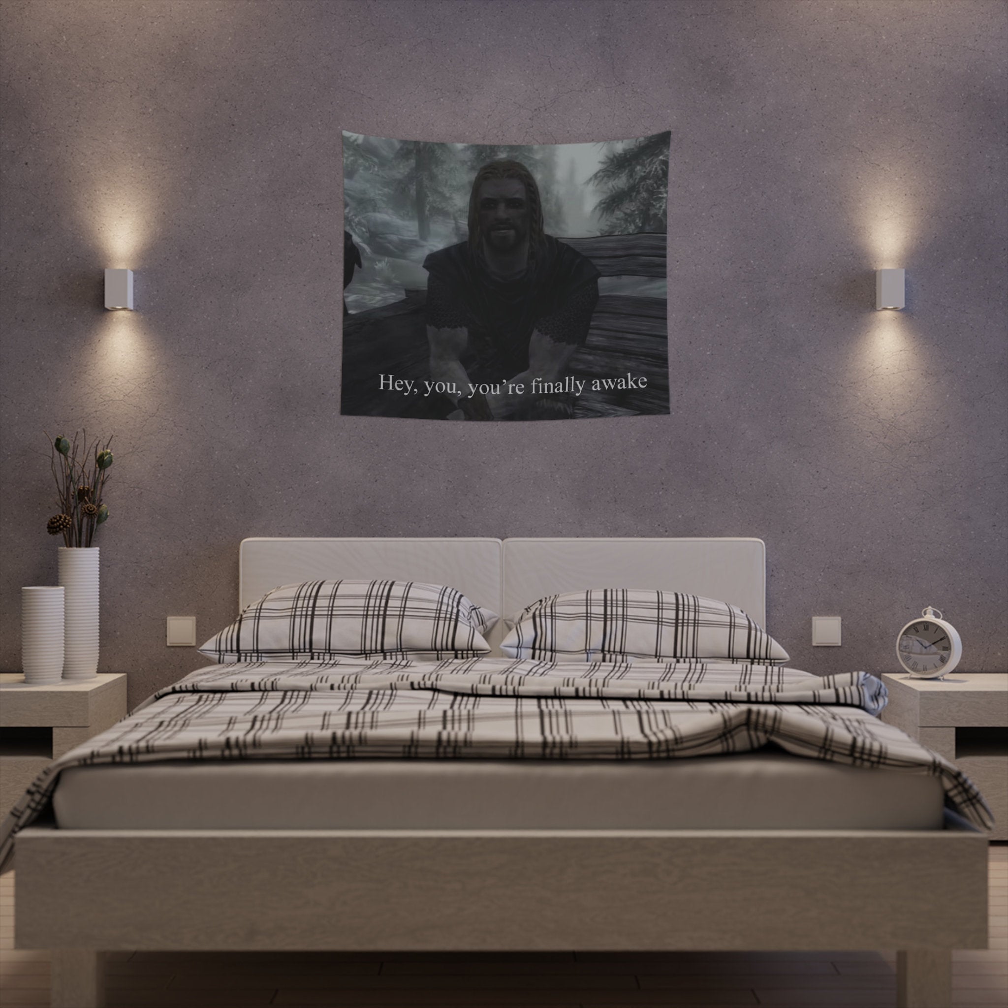 Dragonborn inspired iconic 'Hey You're awake!' Printed Wall Tapestry