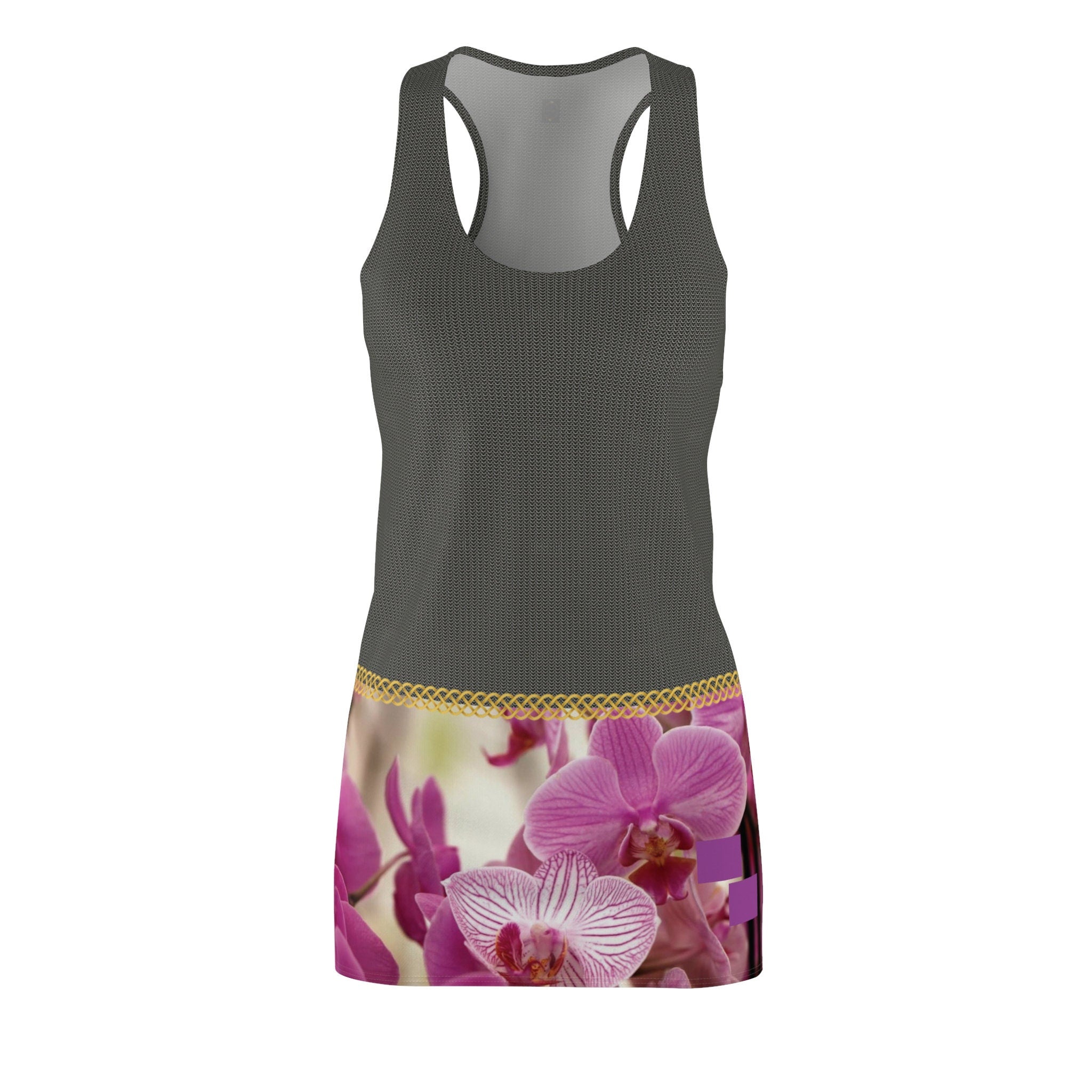 Fabled Fashion Chainmail and Purple flowers effect Women's Cut & Sew Racerback Dress (AOP) For Sarah