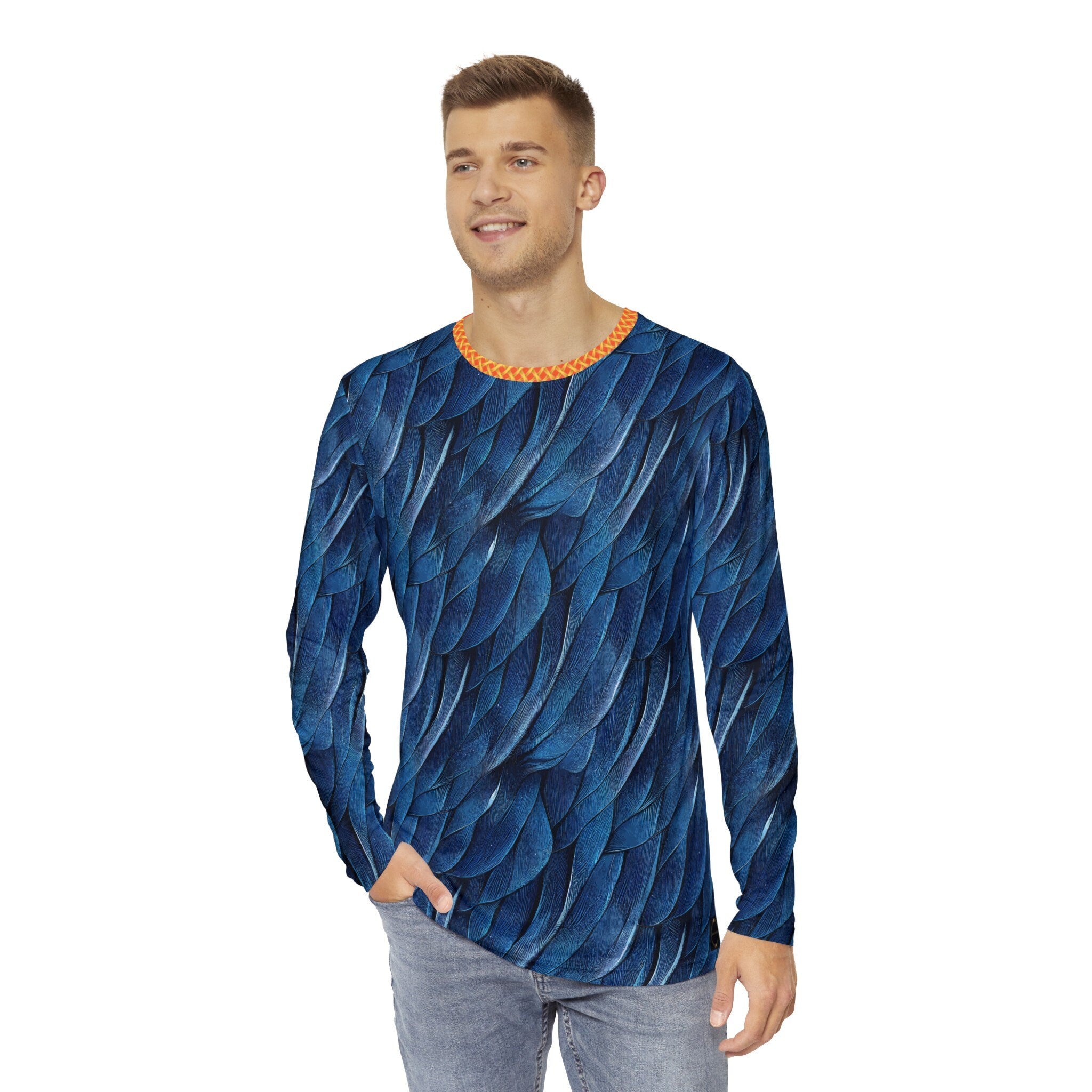 Fabled Fashion Men's Blue Feather Print Celtic chain AOP Shirt Blue/Orange