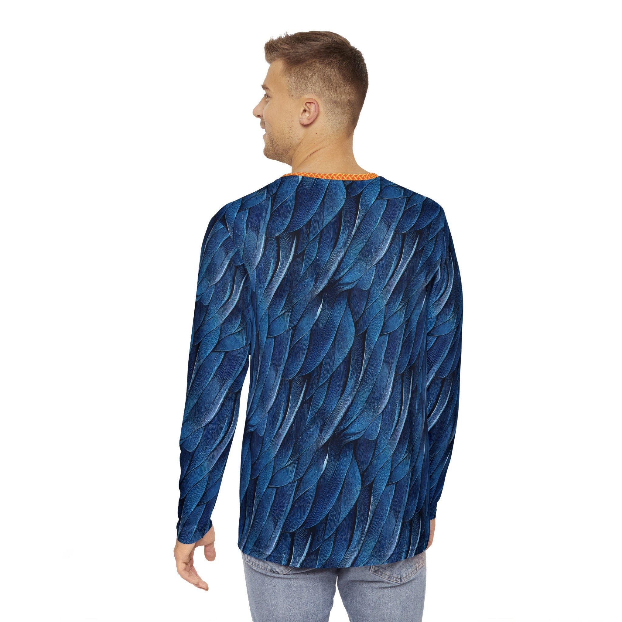 Fabled Fashion Men's Blue Feather Print Celtic chain AOP Shirt Blue/Orange