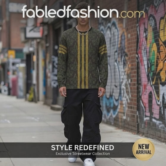 Fabled Fashion Men's Long Sleeve Green Damask and Black lace effect with Celtic knot chain AOP Shirt